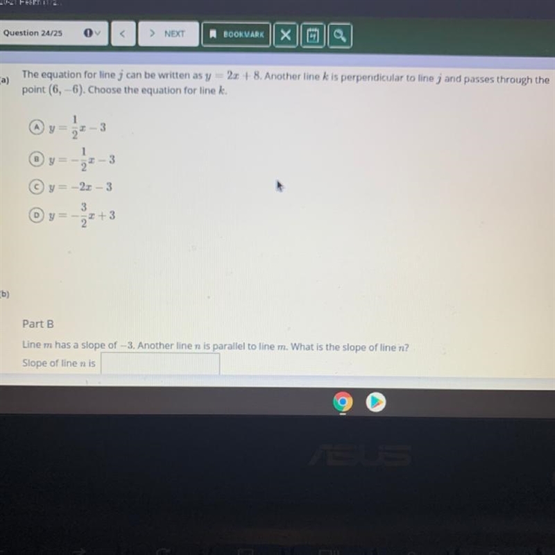 Part B Line m has a slope of -3. Another line n is parallel to line m. What is the-example-1