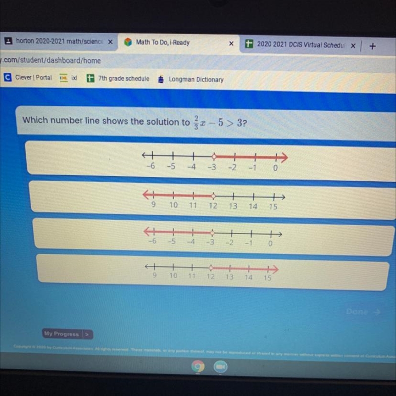 Which number line shows the solution to2/3x-5>3-example-1