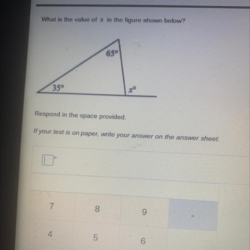 What is the value of x in the figure shown below? 650 35° Respond in the space provided-example-1