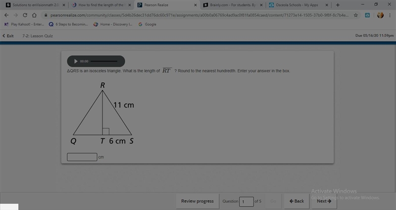 ΔQRS is an isosceles triangle. What is the length of RT¯¯¯¯¯¯ ? Round to the nearest-example-1