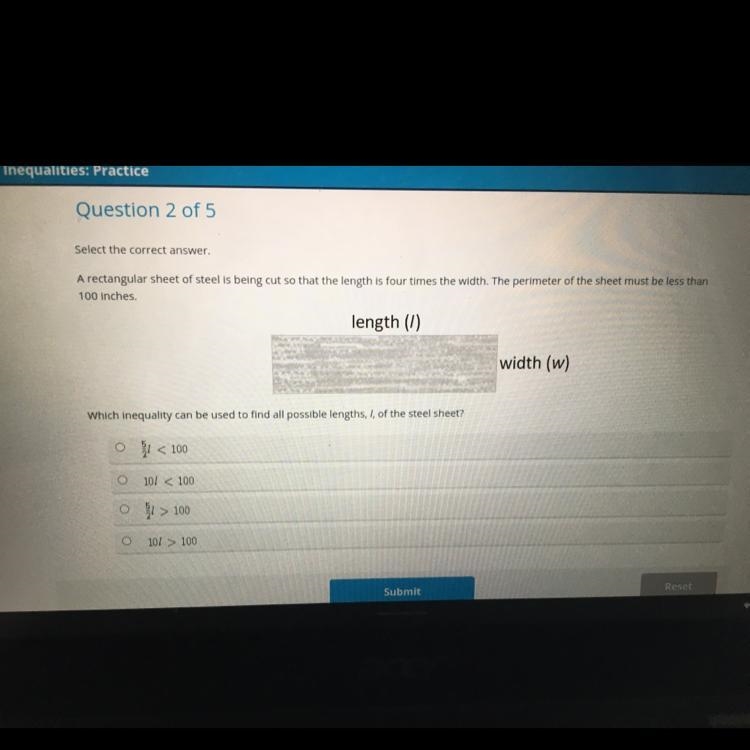 Select the correct answer A rectangular sheet of steel is being cut so that the length-example-1