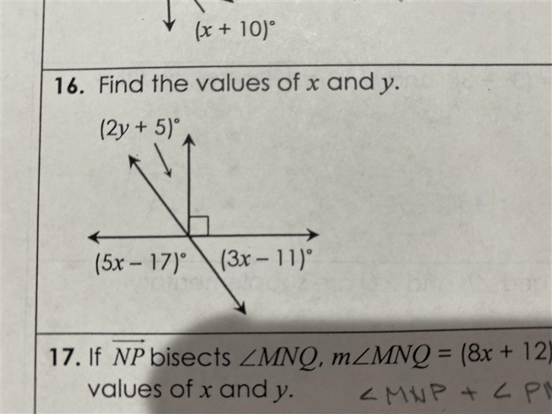 16. Find the values of x and y. (2y + 5) (5x - 17) (3x – 11)º-example-1