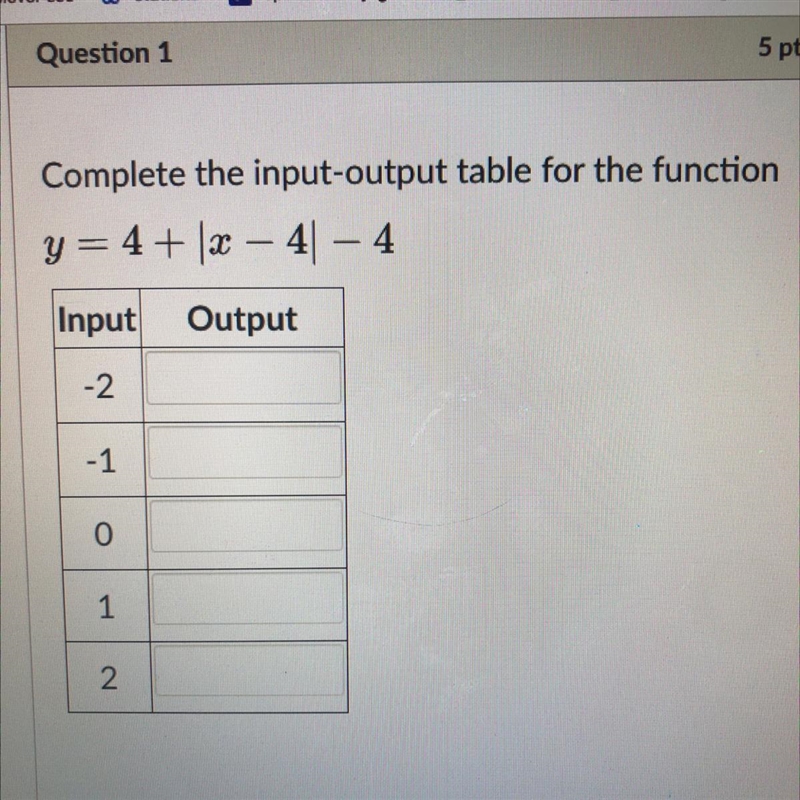 Complete the input-output table for the function y= 4+ [2 – 41 – 4 Input Output -2 -1 0 1 2-example-1