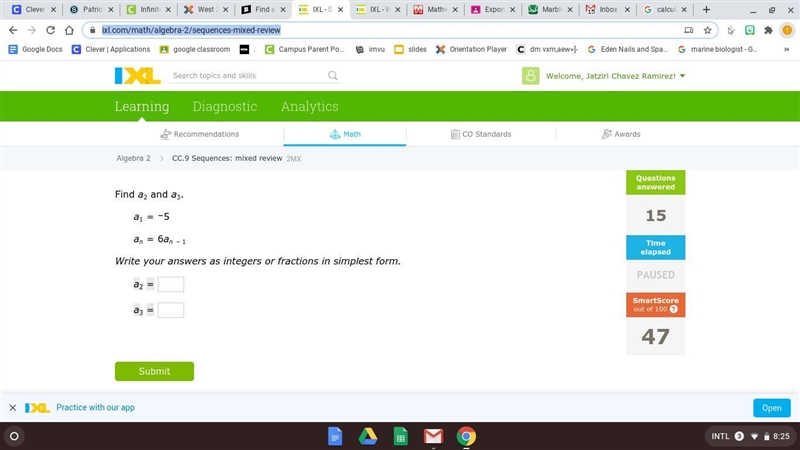 Find a2 and a3. a1=–5 an=6an–1 Write your answers as integers or fractions in simplest-example-1