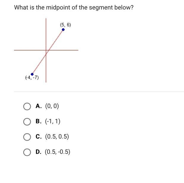 What is the midpoint of the segment below? A. (0, 0) B. (-1, 1) C. (0.5, 0.5) D. (0.5, -0.5)-example-1