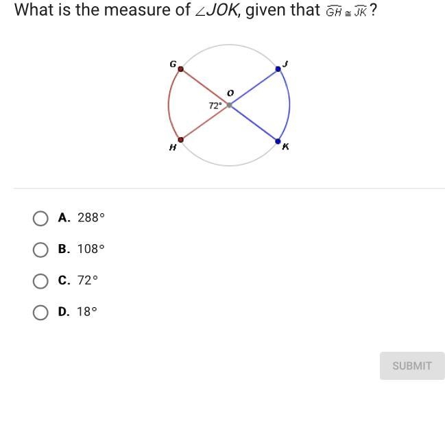 What is the measure of JOK, given that GH=JK ? A. 288 B. 108 C. 72 D. 18-example-1