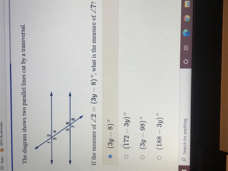 The diagram shows two Parallel lines cut by a transversal. PLEASE HELP!-example-1