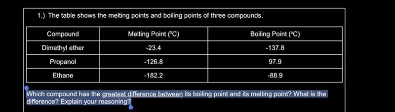 Which compound has the greatest difference between its boiling point and its melting-example-1