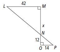 ∆LMN ∼ ∆PON. What is the value of x? Select one: a. 28 1/3 b. 36 c. 20 d. 25-example-1