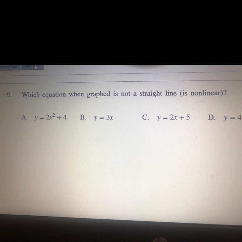 Which equation when graphed is not a straight line (is nonlinear)-example-1