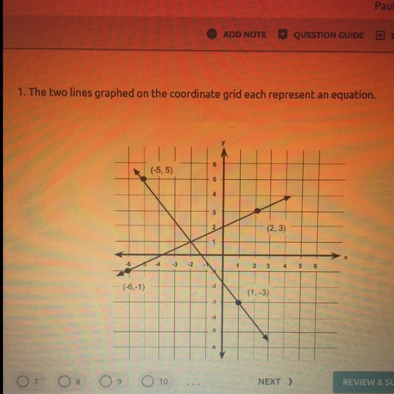 which ordered pair represents a solution to both equations? A - (-5,5) B - (-2,1) C-example-1