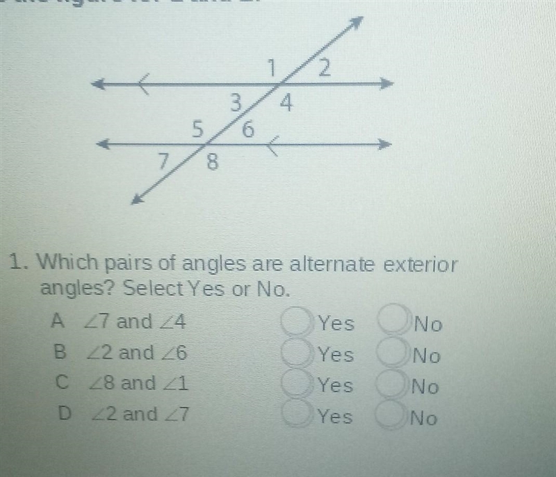 Which pairs of angles are alternate exterior angles? select yes or no​​-example-1