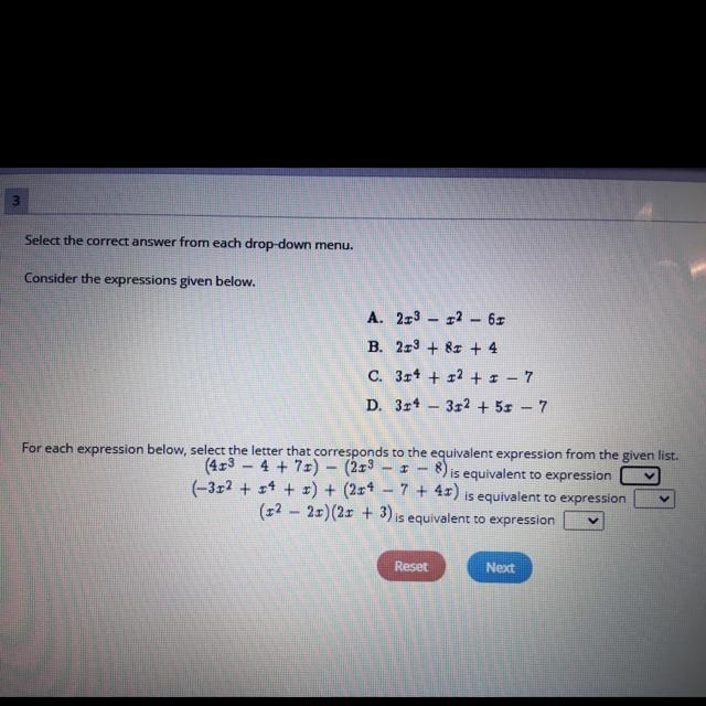 3 Select the correct answer from each drop-down menu. Consider the expressions given-example-1