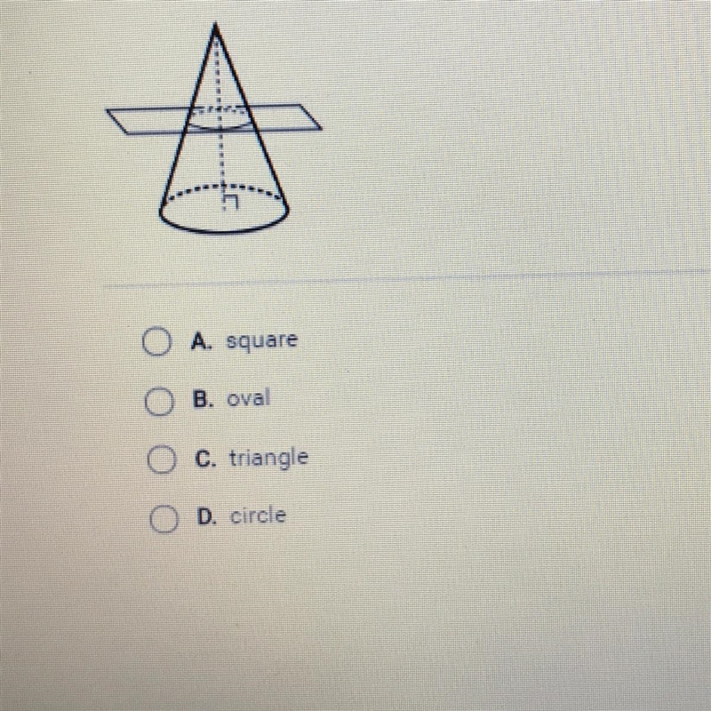 What sit he shape of the cross section formed when’s. Cone intersects a plane as shown-example-1