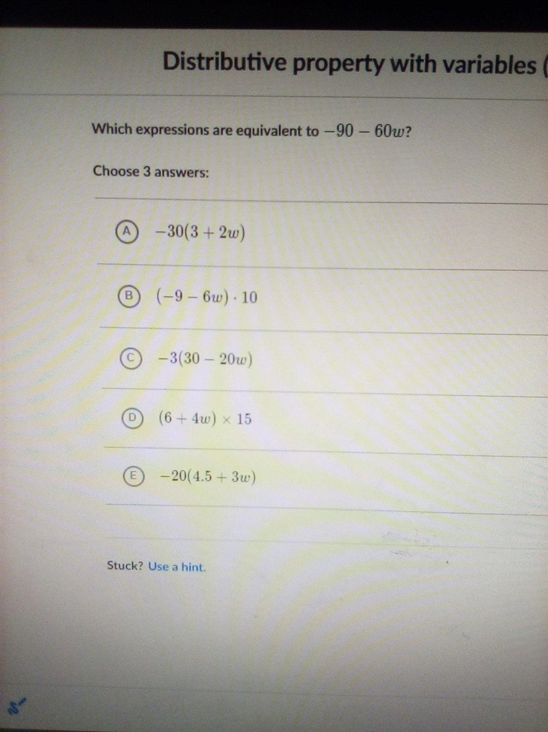 Which Expsessions are equally equivalent to -90 - 60w? Please help!-example-1