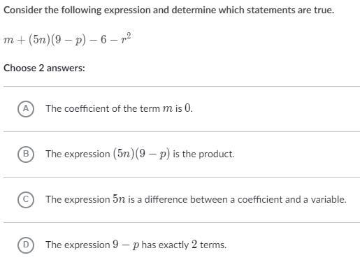 Consider the following expression and determine which statements are true. m+(5n)(9-p-example-1