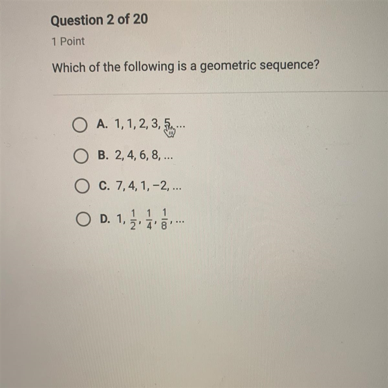 Which of the following is a geometric sequence?-example-1