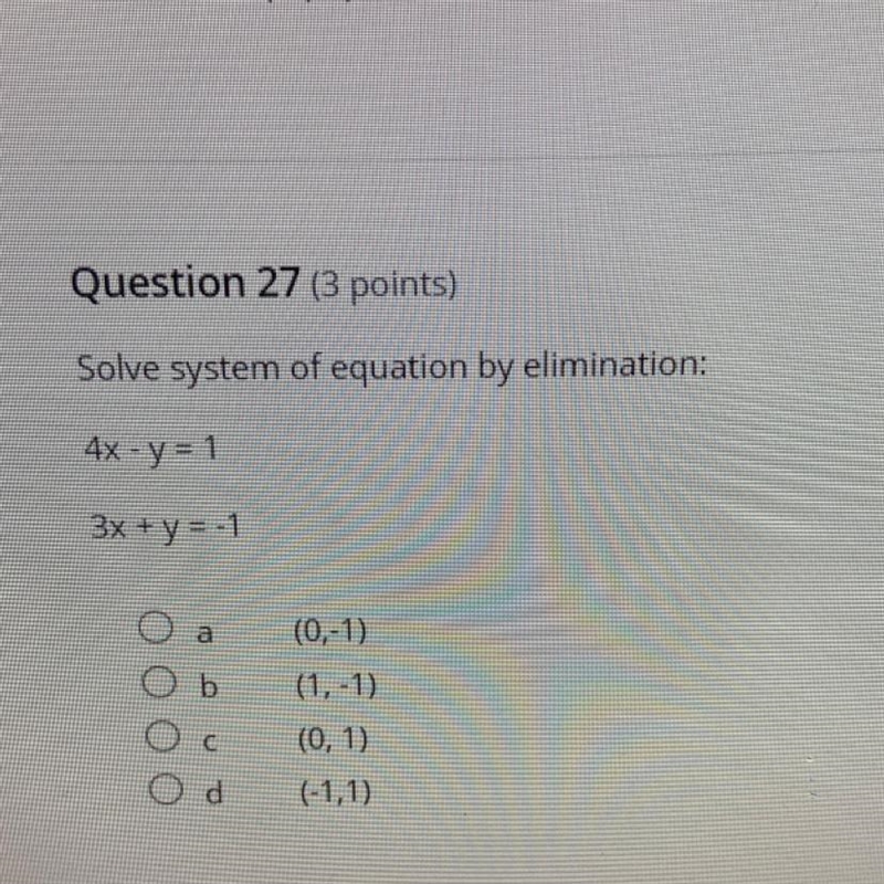 Solve system of equation by elimination: 4x - y = 1 3x + y = -1-example-1