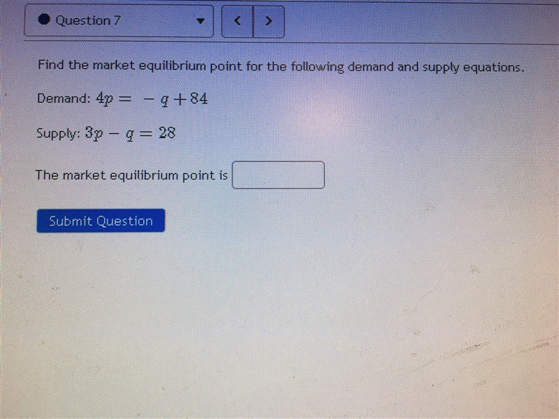 PLEASE HELP!! Find the market equilibrium point for the following demand and supply-example-1