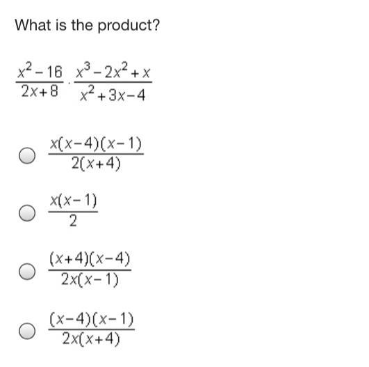 What is the product? x^2 -16 • x^3 - 2x^2 + x———— ——————–— 2x +8 x^2 +3x -4-example-1