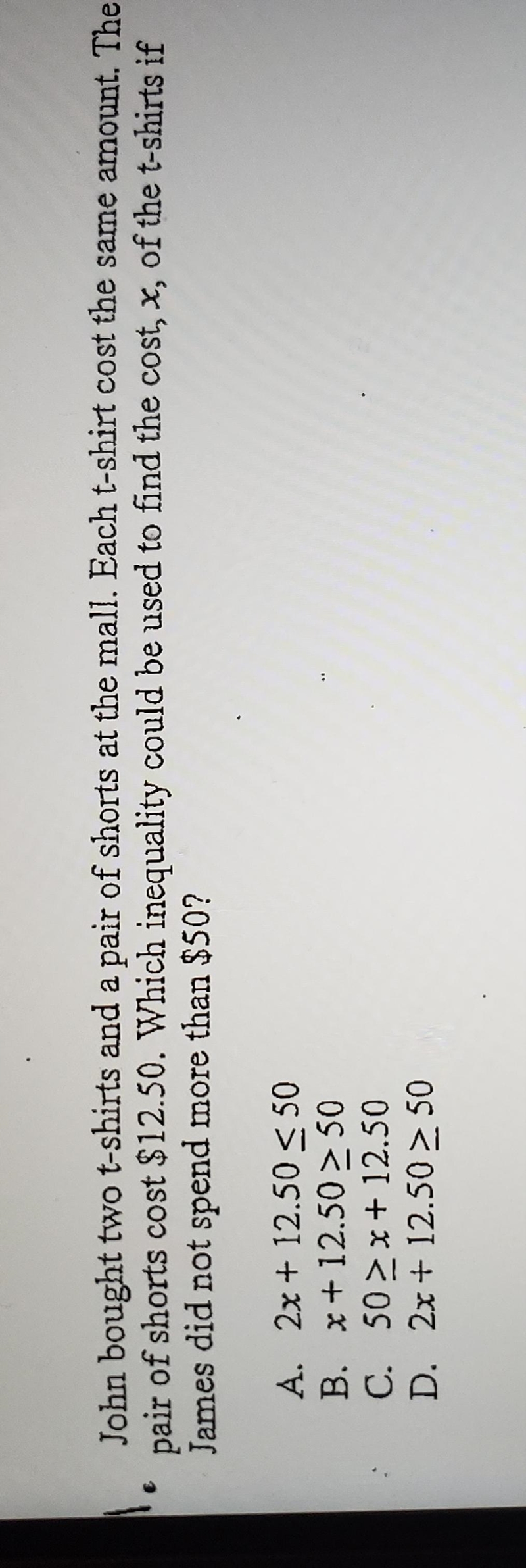 Which inequality could be used to find the cost ,x , of the t-shirts of james did-example-1