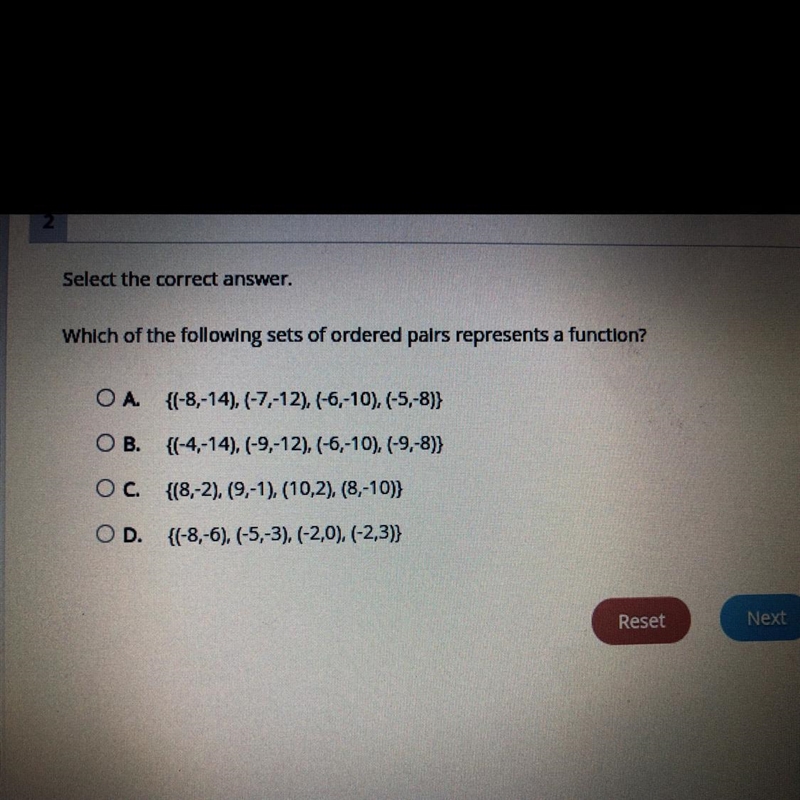 PLEASE HELP QUICK Which of the following sets of ordered pairs represents a function-example-1