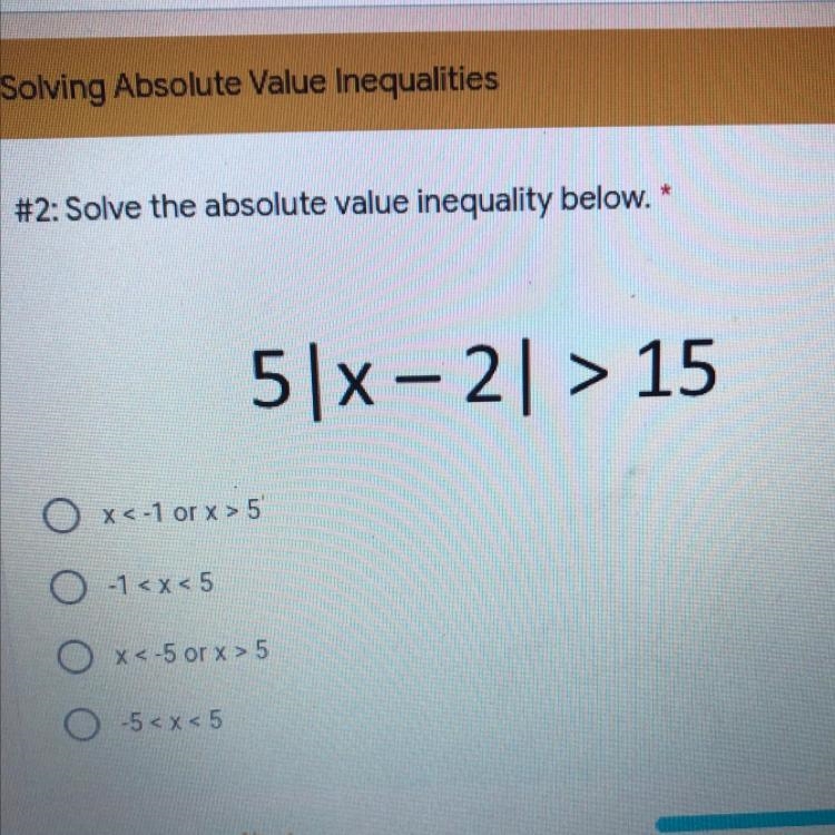 Please help! 5x-21 > 15 A. x<-1 or x > 5 B. -1 C. x < -5 or x > 5 D-example-1