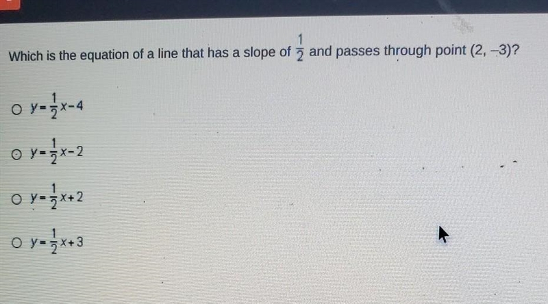 Which is the equation of the line that has a slope of 1/2​-example-1