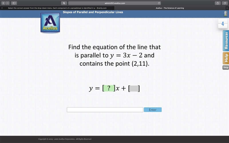 find the equation of the line that is parallel to y=3x-2 and contains the point (2,11), answer-example-1