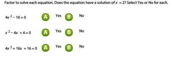 Factor to solve each equation. Does the equation have a solution of x = 2? Select-example-1