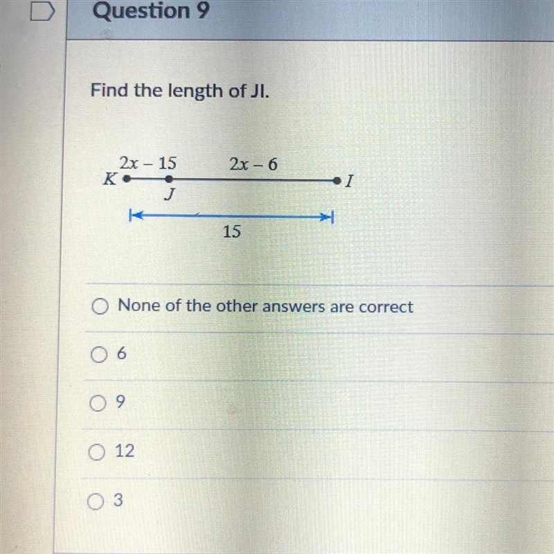 Find the length of JL 15 None of the other answers are correct 12 3-example-1