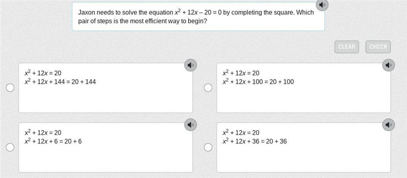 Jaxon needs to solve the equation x2 + 12x – 20 = 0 by completing the square. Which-example-1