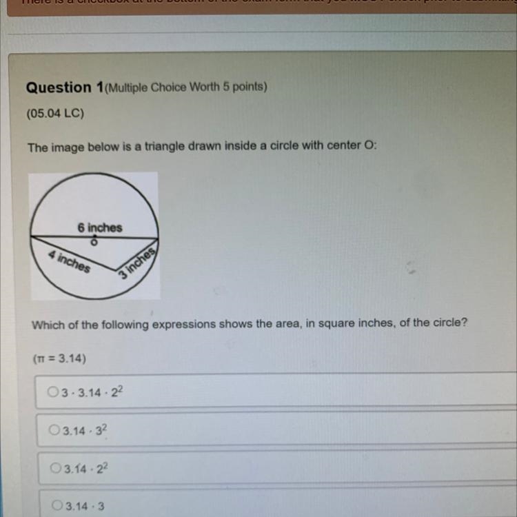 Which of the following expressions shows the area, in square inches, of the circle-example-1