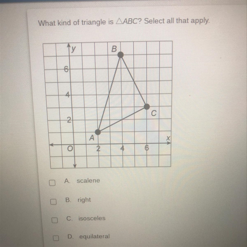 What kind of triangle is abc. Select all that apply. Geometry-example-1