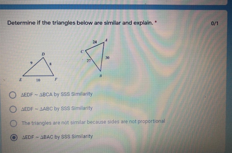 Determine if the triangles below are similar and explain.-example-1