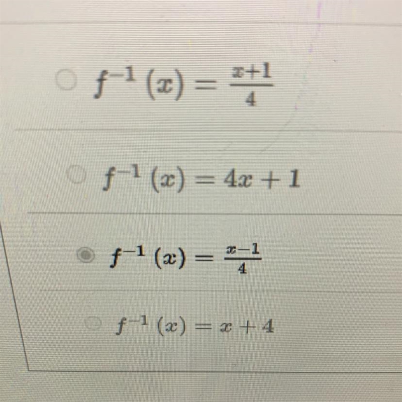 Find the inverse of the function f(x) = 4x-1-example-1