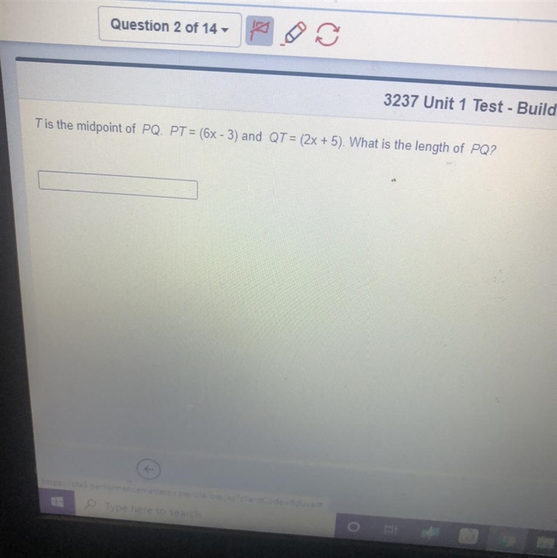 T is the midpoint of PQ. PT = (6x-3) and QT = (2x+5)-example-1