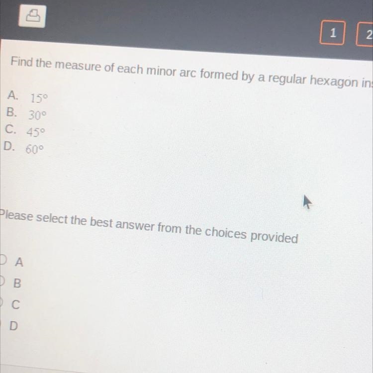 Please help!! Find the measure of each minor arc formed by a regular hexagon inscribed-example-1