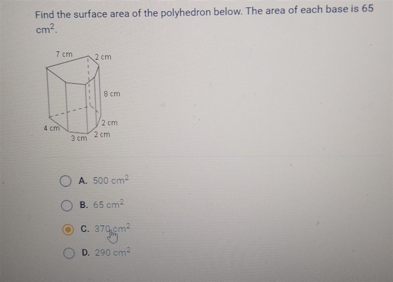 Find the surface area of the polyhedron below. The area of each base is 65 cm^2 ​-example-1