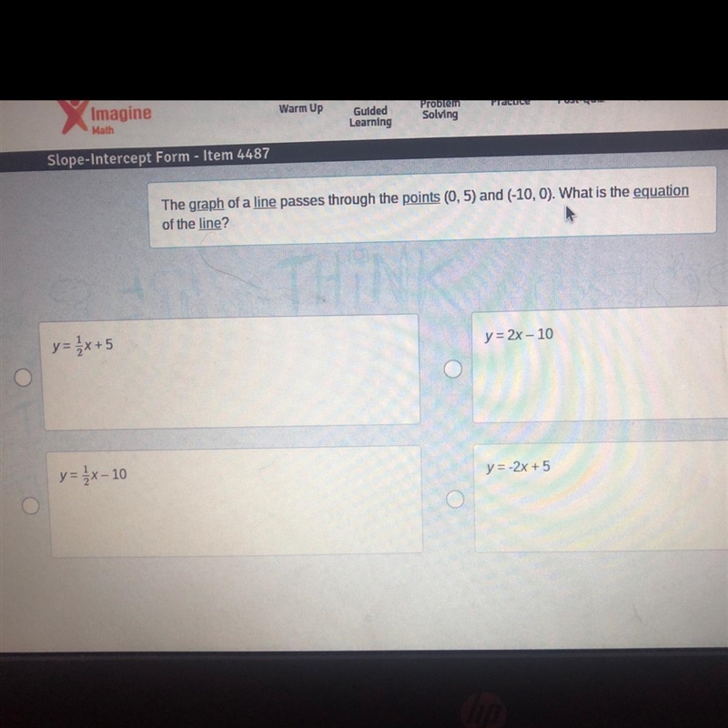 The graph of a line passes through the points (0,5) and (-10,0). What is the equation-example-1