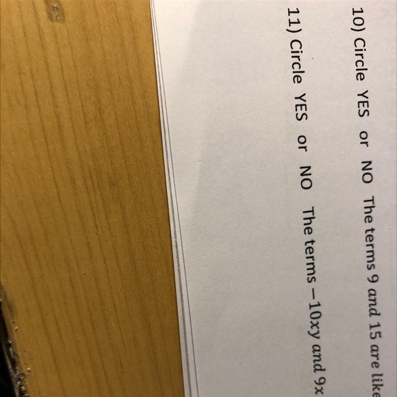 Circle YES or NO The terms 15and 9are like terms. Circle YES or NO The terms -10xy-example-1