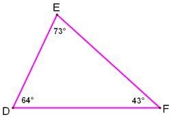 Determine the shortest side in ΔDEF. A) EF B) DE C) FE D) DF-example-1