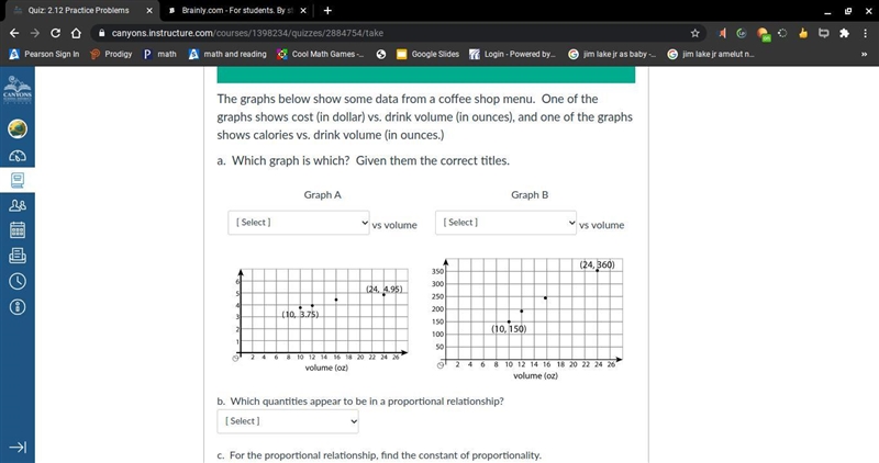 The graphs below show some data from a coffee shop menu. One of the graphs shows cost-example-1