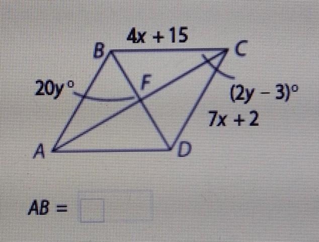 ABCD is a rhombus. Find AB. Give answer as a fraction in simplest form. ​-example-1