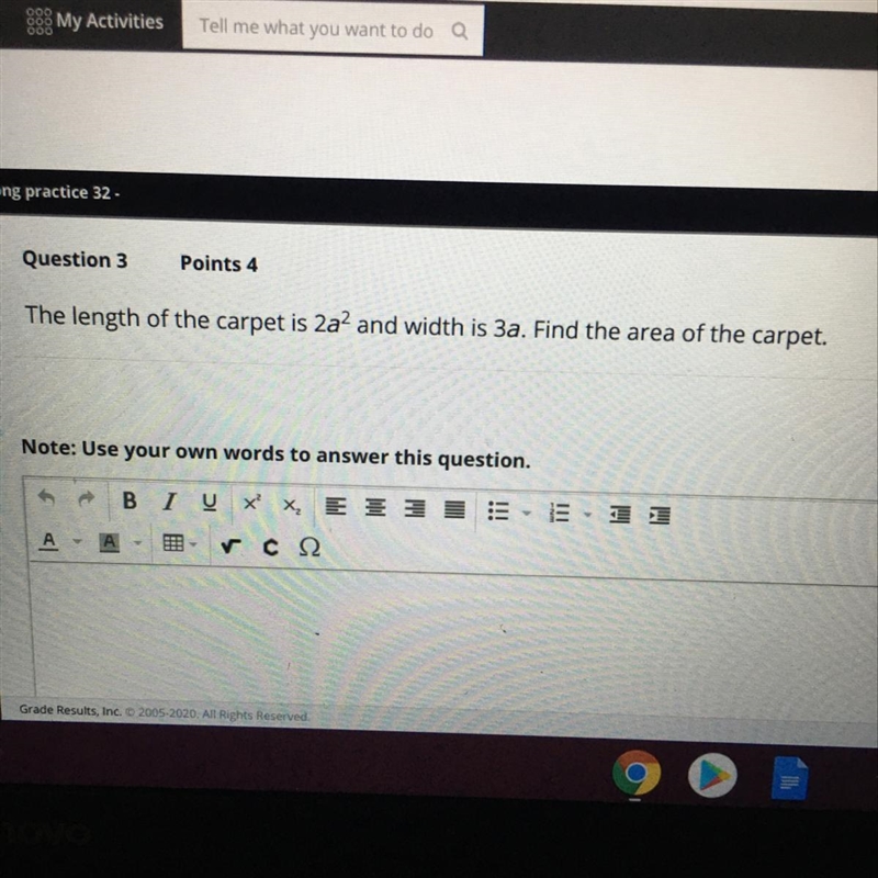 The length of the carpet is 2a2 and width is 3a. Find the area of the carpet. HELP-example-1