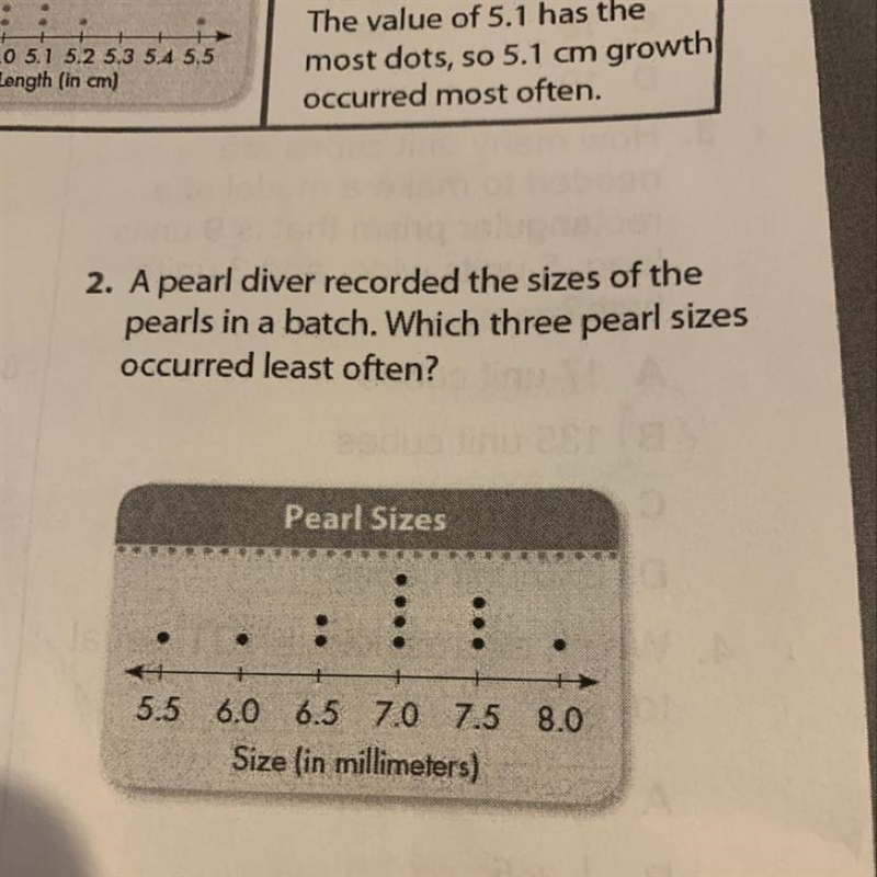 2. A pearl diver recorded the sizes of the pearls in a batch. Which three pearl sizes-example-1