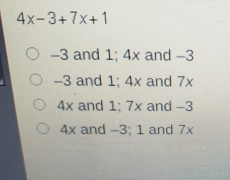 HURRY ON A TIMER PLEASE HELP which shows all the like terms in the expression ​-example-1