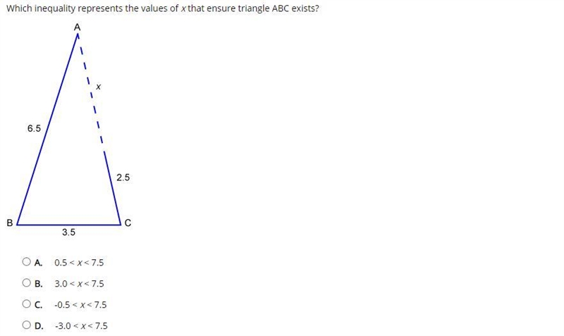 Which inequality represents the values of x that ensure triangle ABC exists? A. 0.5 &lt-example-1