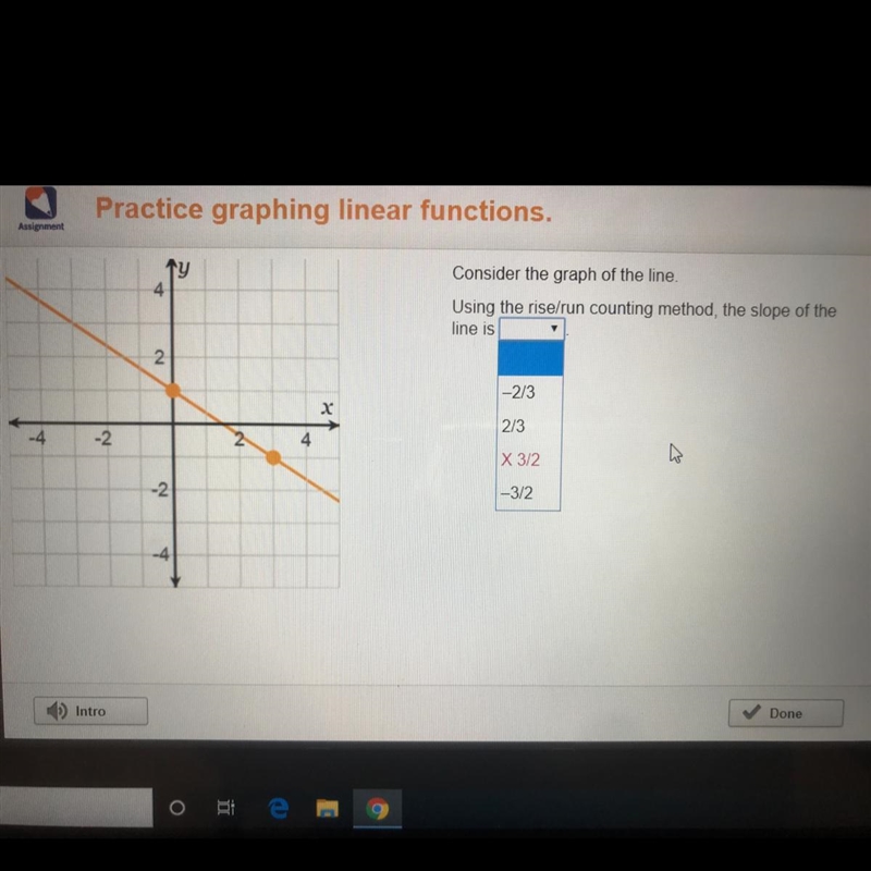 Consider the graph of the line, Using the rise/run counting method, the slope of the-example-1