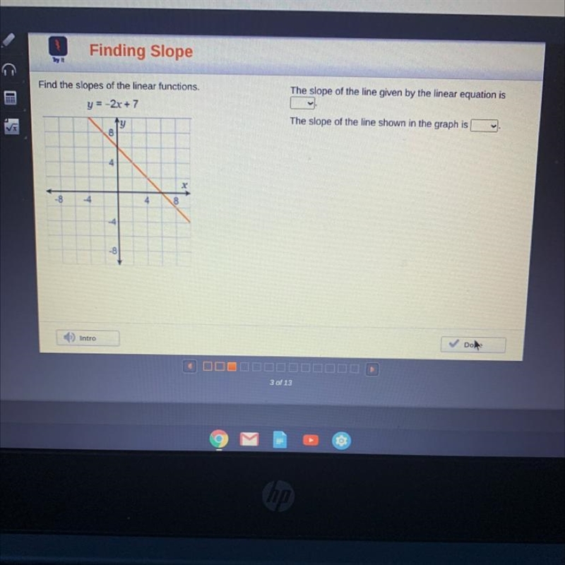 Find the slopes of the linear functions. y = -2x + 7 The slope of the line given by-example-1